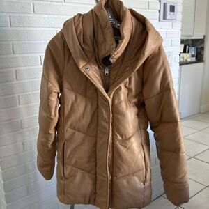 Ladies tan, Abercrombie and Finch ultra tan puffer coat size small vegan leather